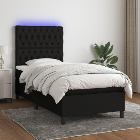 vidaXL Cama box spring colchón y luces LED tela negro 90x190 cm