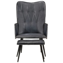vidaXL Sillón orejero con reposapiés cuero auténtico gris