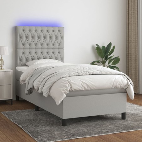 vidaXL Cama box spring colchón y luces LED tela gris claro 90x200 cm