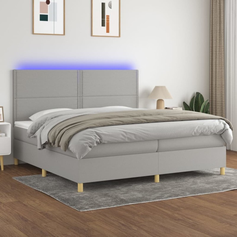 vidaXL Cama box spring con colchón tela y LED gris claro 200x200 cm vidaXL Cama box spring con colchón tela y LED gris claro 200x200 cm