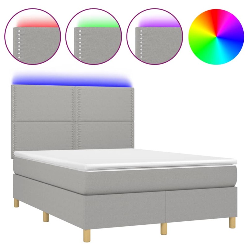 vidaXL Cama box spring colchón y luces LED tela gris claro 140x200 cm vidaXL Cama box spring colchón y luces LED tela gris claro 140x200 cm