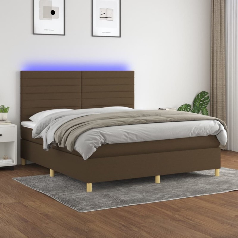 vidaXL Cama box spring colchón luces LED tela marrón oscuro 160x200cm vidaXL Cama box spring colchón luces LED tela marrón oscuro 160x200cm