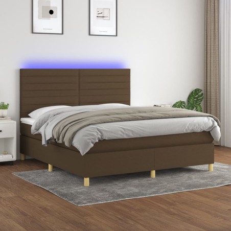 vidaXL Cama box spring colchón luces LED tela marrón oscuro 160x200cm