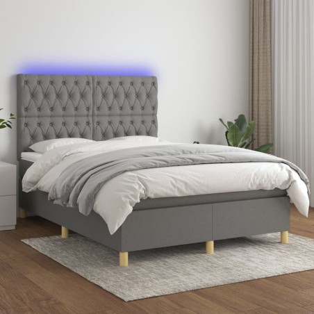 vidaXL Cama box spring colchón y luces LED tela gris oscuro 140x200 cm