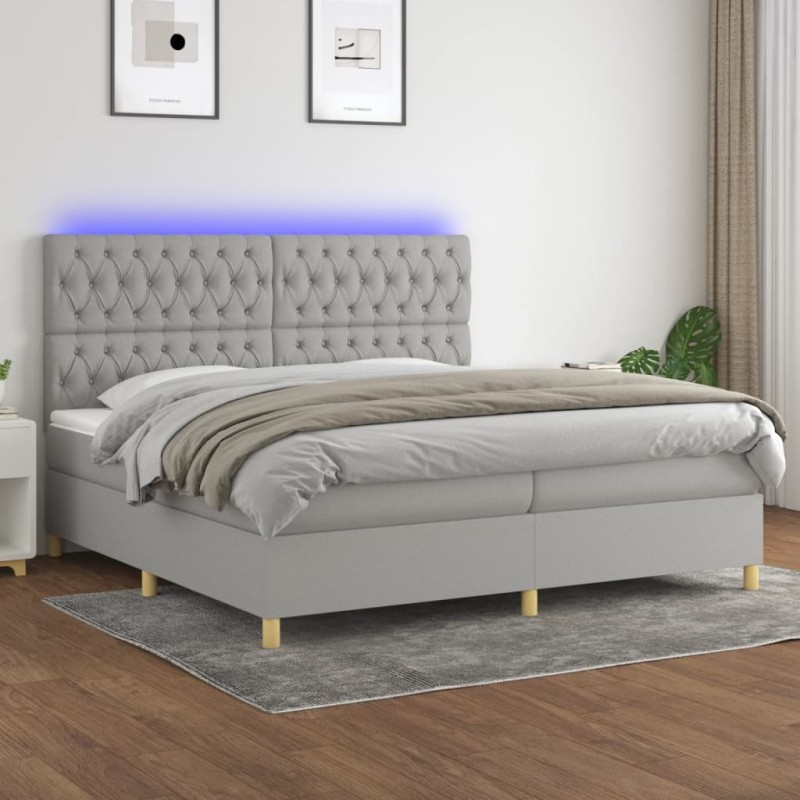 vidaXL Cama box spring con colchón tela y LED gris claro 200x200 cm vidaXL Cama box spring con colchón tela y LED gris claro 200x200 cm