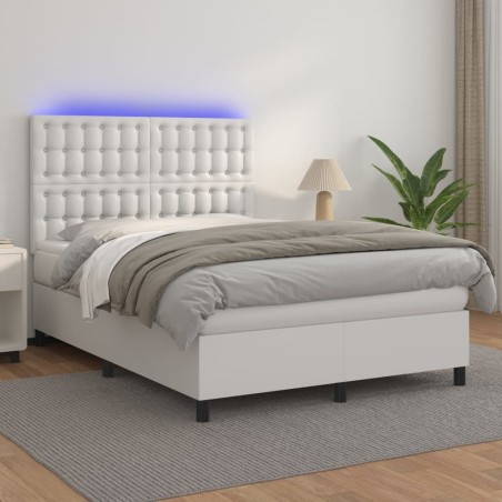 vidaXL Cama box spring colchón y LED cuero sintético blanco 140x190 cm