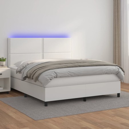 vidaXL Cama box spring colchón y LED cuero sintético blanco 180x200 cm