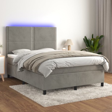 vidaXL Cama box spring colchón y LED terciopelo gris claro 140x190 cm
