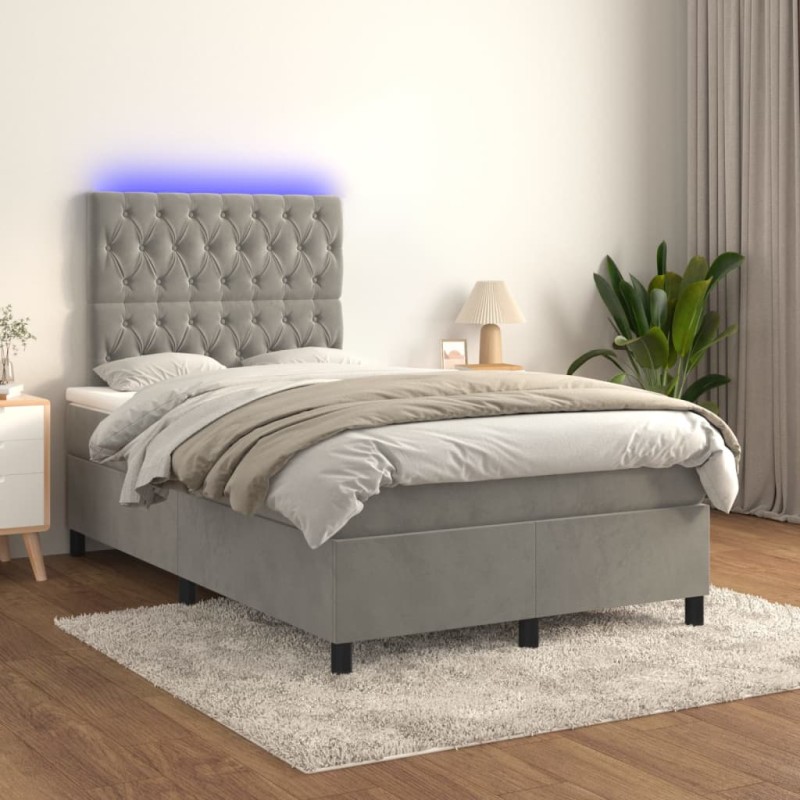 vidaXL Cama box spring colchón y LED terciopelo gris claro 120x200 cm