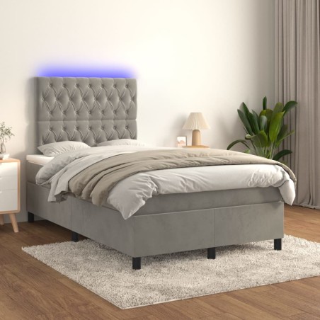 vidaXL Cama box spring colchón y LED terciopelo gris claro 120x200 cm