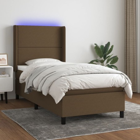 vidaXL Cama box spring colchón y luces LED tela marrón oscuro 90x190cm