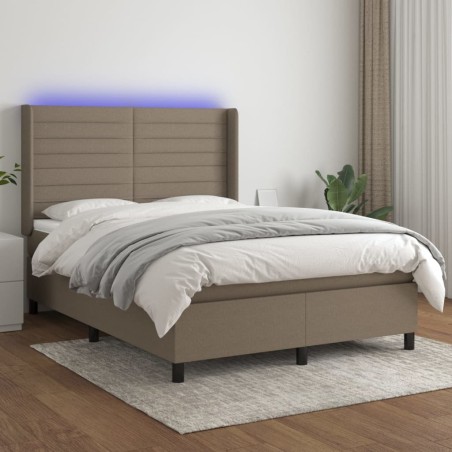 vidaXL Cama box spring colchón y luces LED tela gris taupe 140x190 cm