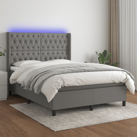 vidaXL Cama box spring colchón y luces LED tela gris oscuro 140x190 cm