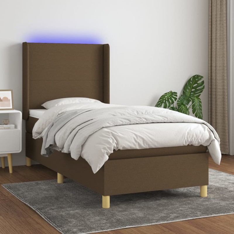 vidaXL Cama box spring colchón luces LED tela marrón oscuro 100x200cm vidaXL Cama box spring colchón luces LED tela marrón oscuro 100x200cm