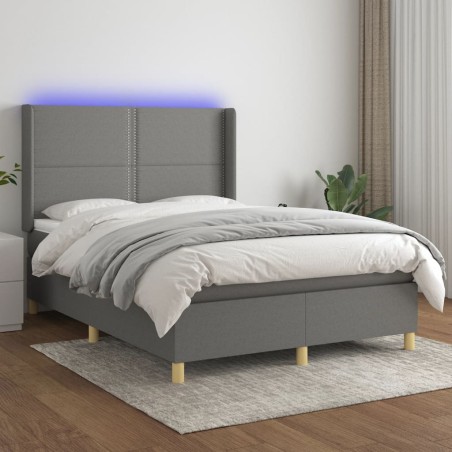 vidaXL Cama box spring colchón y luces LED tela gris oscuro 140x200 cm