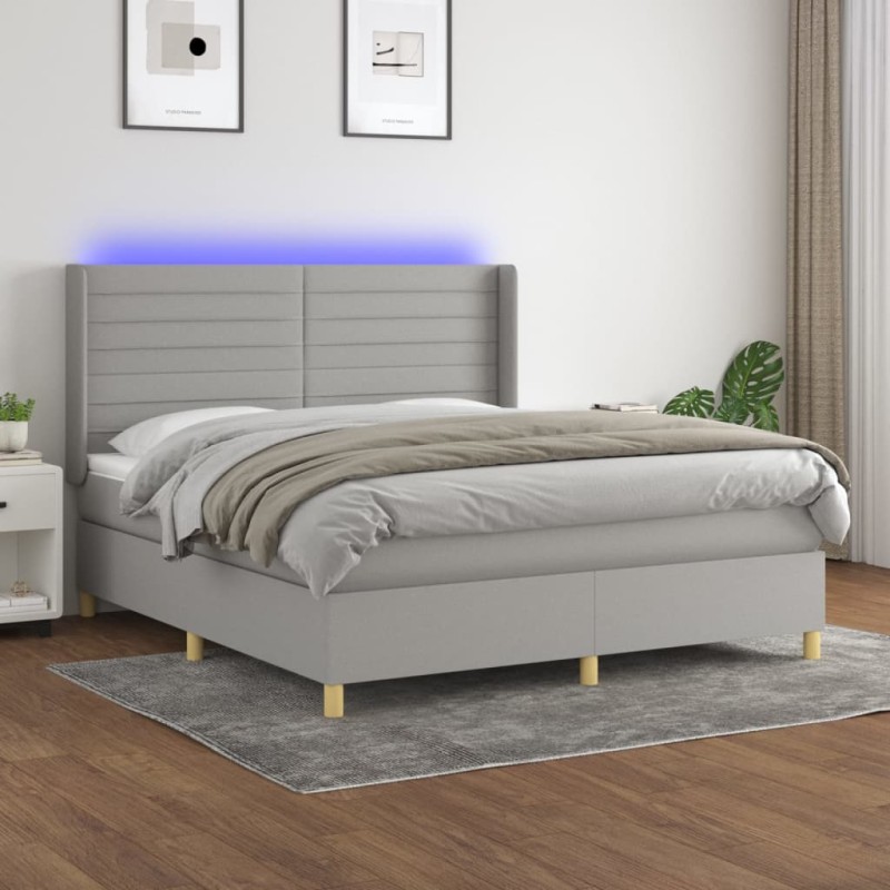 vidaXL Cama box spring colchón y luces LED tela gris claro 160x200 cm vidaXL Cama box spring colchón y luces LED tela gris claro 160x200 cm