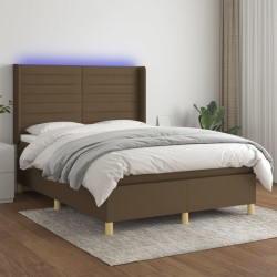 vidaXL Cama box spring colchón luces LED tela marrón oscuro 140x190 cm