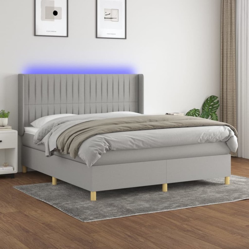 vidaXL Cama box spring colchón y luces LED tela gris claro 160x200 cm vidaXL Cama box spring colchón y luces LED tela gris claro 160x200 cm
