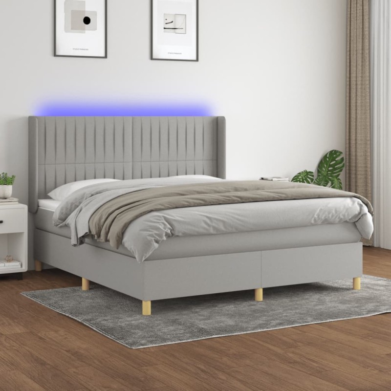 vidaXL Cama box spring colchón y luces LED tela gris claro 180x200 cm vidaXL Cama box spring colchón y luces LED tela gris claro 180x200 cm
