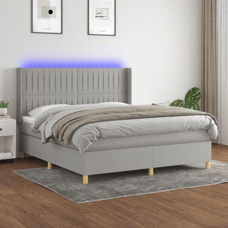 vidaXL Cama box spring colchón y luces LED tela gris claro 180x200 cm