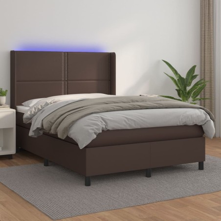 vidaXL Cama box spring colchón y LED cuero sintético marrón 140x190 cm