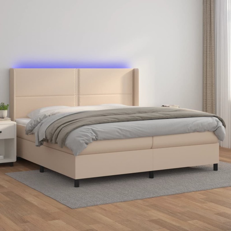 vidaXL Cama box spring colchón LED cuero sintético capuchino 200x200cm vidaXL Cama box spring colchón LED cuero sintético capuchino 200x200cm