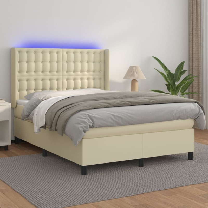 vidaXL Cama box spring colchón y LED cuero sintético crema 140x190 cm vidaXL Cama box spring colchón y LED cuero sintético crema 140x190 cm