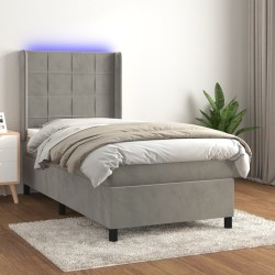vidaXL Cama box spring colchón y LED terciopelo gris claro 90x190 cm