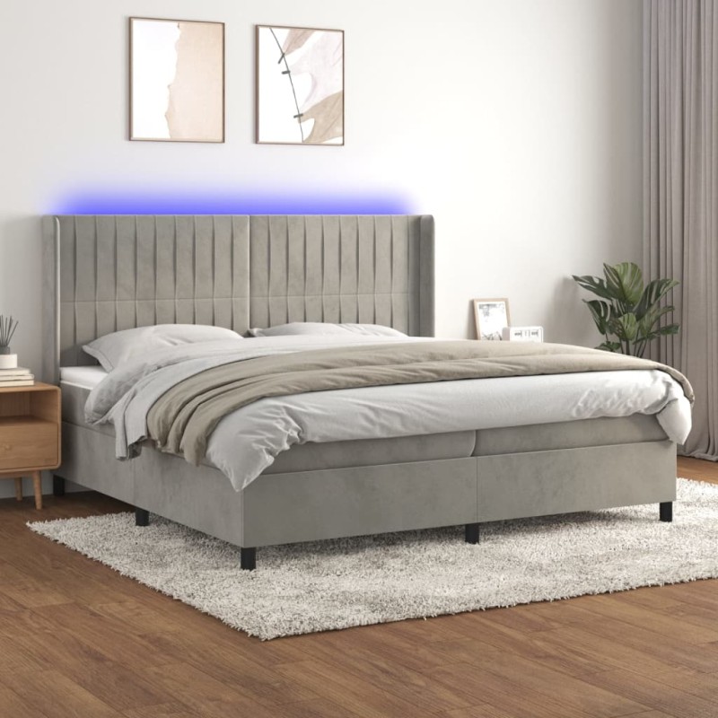 vidaXL Cama box spring colchón y LED terciopelo gris claro 200x200 cm vidaXL Cama box spring colchón y LED terciopelo gris claro 200x200 cm