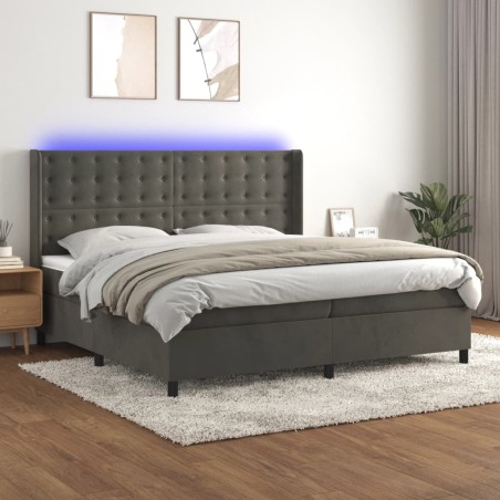 vidaXL Cama box spring colchón y LED terciopelo gris oscuro 200x200 cm