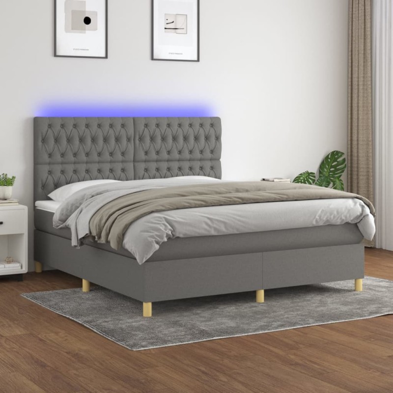 vidaXL Cama box spring colchón y luces LED tela gris oscuro 160x200 cm vidaXL Cama box spring colchón y luces LED tela gris oscuro 160x200 cm