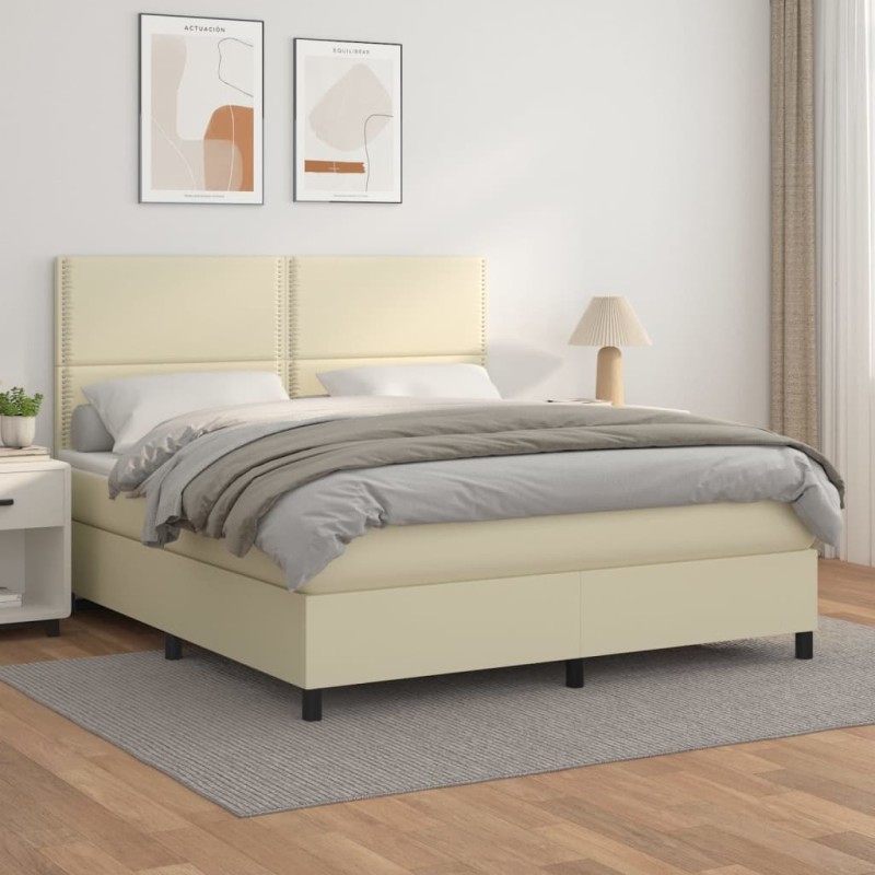 vidaXL Cama box spring con colchón cuero sintético crema 160x200 cm vidaXL Cama box spring con colchón cuero sintético crema 160x200 cm