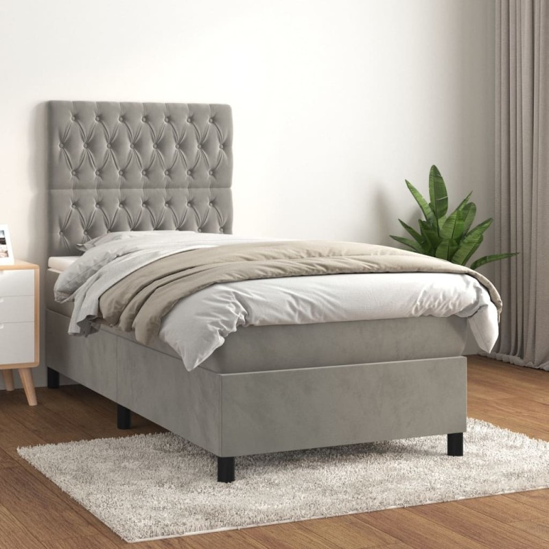 vidaXL Cama box spring con colchón terciopelo gris claro 90x190 cm vidaXL Cama box spring con colchón terciopelo gris claro 90x190 cm