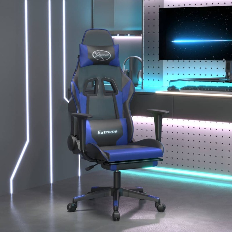 vidaXL Silla gaming con reposapiés cuero sintético negro azul vidaXL Silla gaming con reposapiés cuero sintético negro azul