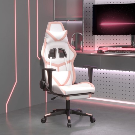 vidaXL Silla gaming con reposapiés cuero sintético blanco y rosa