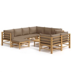 vidaXL Set de muebles de jardín 10 piezas bambú y cojines gris taupé