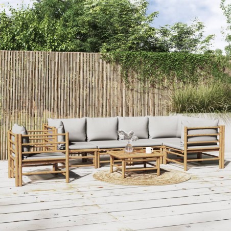 vidaXL Set de muebles de jardín 7 piezas bambú y cojines gris claro