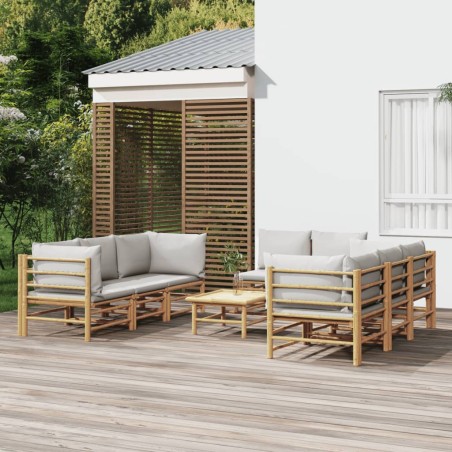 vidaXL Set de muebles de jardín 9 piezas bambú y cojines gris claro