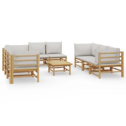 vidaXL Set de muebles de jardín 9 piezas bambú y cojines gris claro