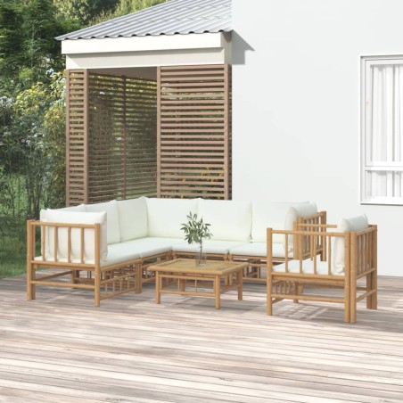 vidaXL Set de muebles de jardín 7 piezas bambú y cojines blanco crema