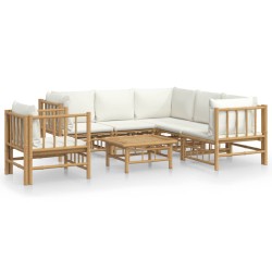 vidaXL Set de muebles de jardín 7 piezas bambú y cojines blanco crema