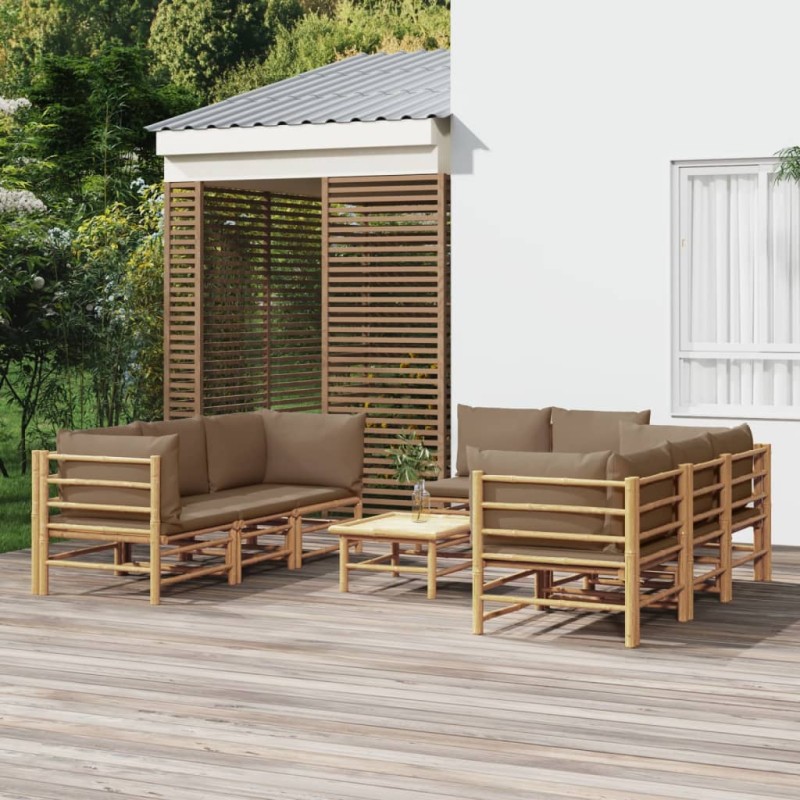 vidaXL Set de muebles de jardín 9 piezas bambú y cojines gris taupé vidaXL Set de muebles de jardín 9 piezas bambú y cojines gris taupé