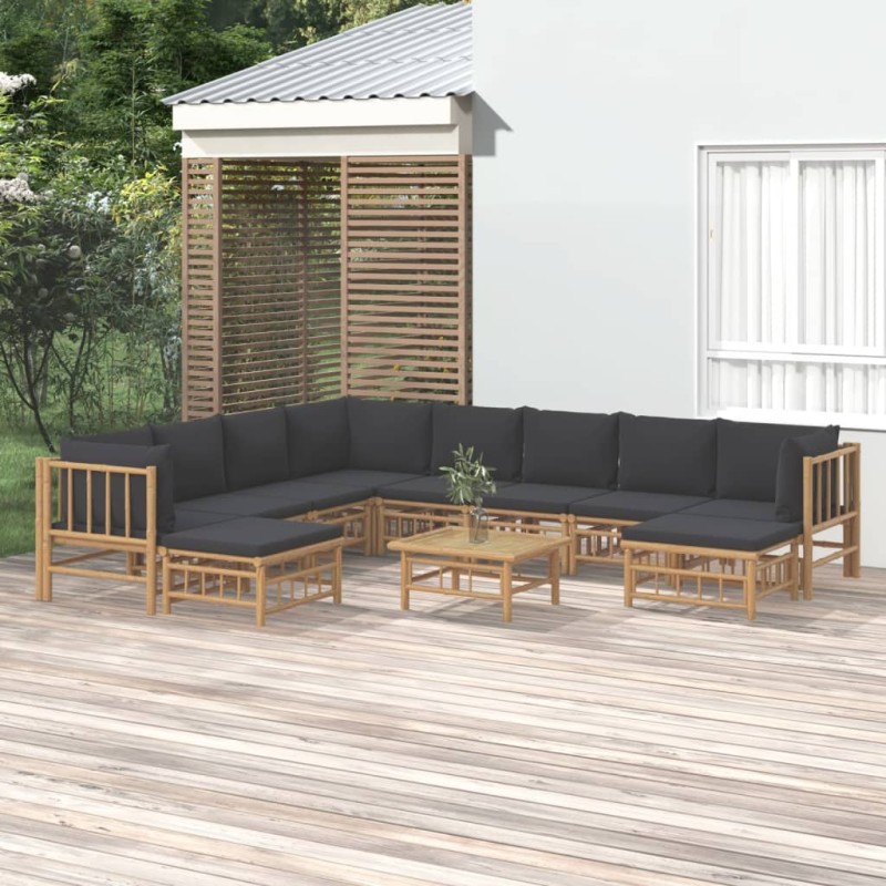 vidaXL Set de muebles de jardín 11 pzas bambú con cojines gris oscuro vidaXL Set de muebles de jardín 11 pzas bambú con cojines gris oscuro