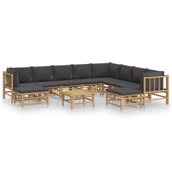vidaXL Set de muebles de jardín 11 pzas bambú con cojines gris oscuro