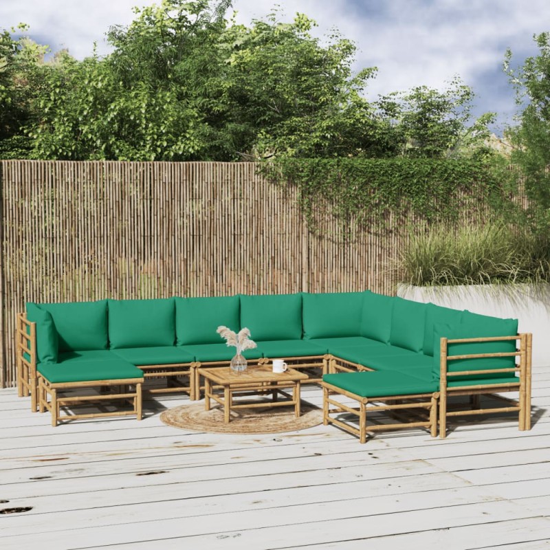 vidaXL Set de muebles de jardín 11 piezas bambú con cojines verde vidaXL Set de muebles de jardín 11 piezas bambú con cojines verde