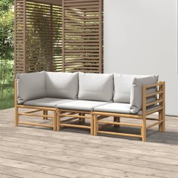 vidaXL Set de muebles de jardín 3 piezas bambú y cojines gris claro