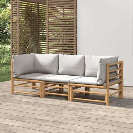 vidaXL Set de muebles de jardín 3 piezas bambú y cojines gris claro