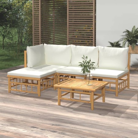 vidaXL Set de muebles de jardín 5 piezas bambú y cojines blanco crema