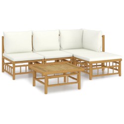 vidaXL Set de muebles de jardín 5 piezas bambú y cojines blanco crema