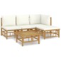 vidaXL Set de muebles de jardín 5 piezas bambú y cojines blanco crema